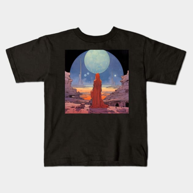 a person in a red robe looking at a large moon Kids T-Shirt by Alekxemko